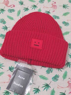 Acne Studios Iconic Face Patch Red Beanie